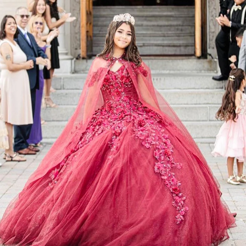 

Luxury Red Quinceanera Dresses 2023 Ball Gown 3D Floral Applique Crystal With Cloak Sweet 16 Dresses Lace-Up Birthday Party