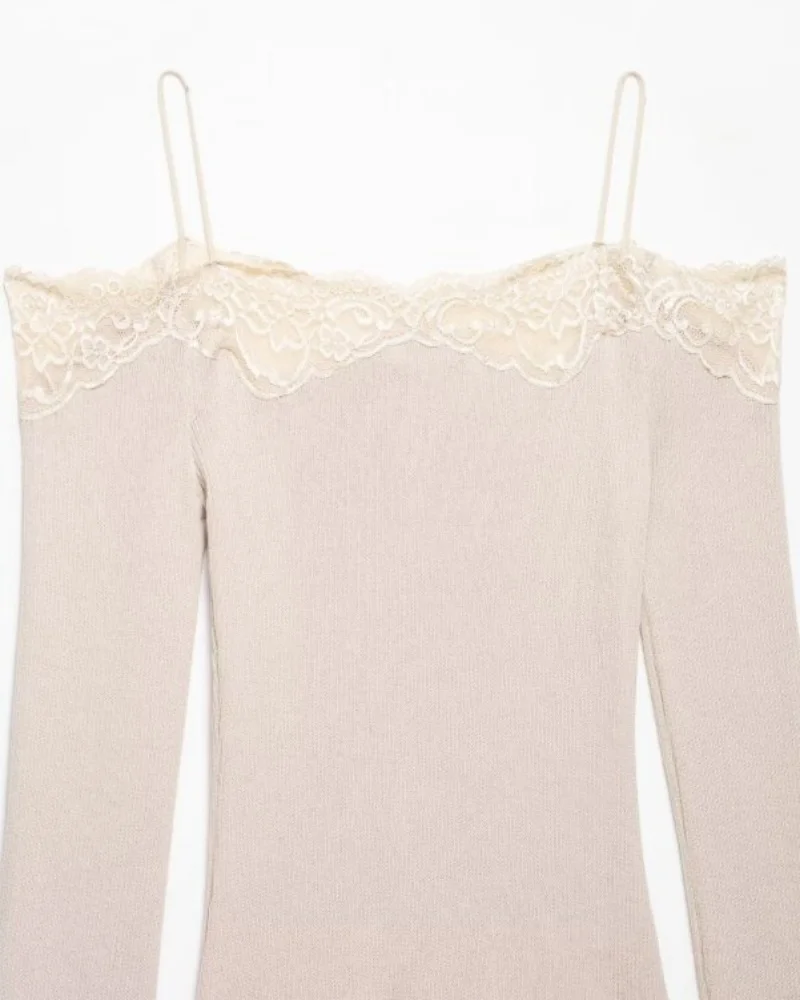 Lace Trim Off Shoulder Long Sleeve Knit Top for Women, Sexy Slim Fit Camisole, Spring Summer Casual Fashion Top