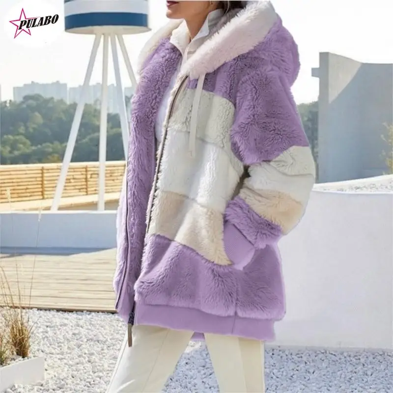 

PULABO Women Winter Contrasting Plush Padded Coat Loose Fit Zipper Closure Hooded Coat Various Color Outerwear for Women