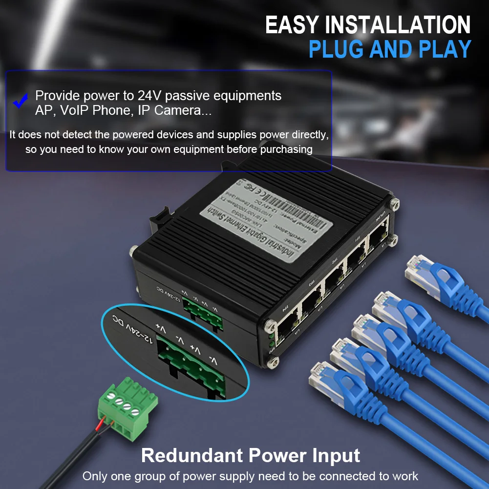 Industrial Portos Gigabit Passivo Poe Switch para 24v Saída 4x1 100 1000mbps Poe Portas Mais 1x1 100 1000mbps Porta Ethernet Switch - Imagem 2