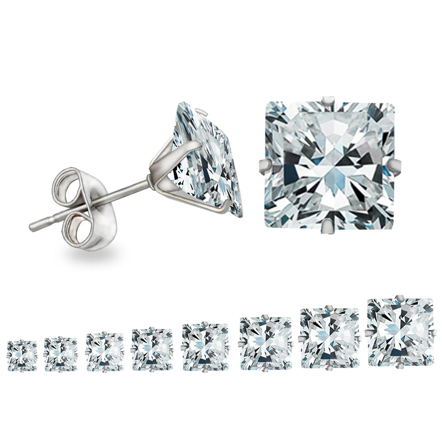 LUXUSTEEL Luxury Crystal Stud Earrings For Women Men Silver Color Stainless Steel Square Cubic Zirconia 3mm-10mm Fashion Jewelry 2