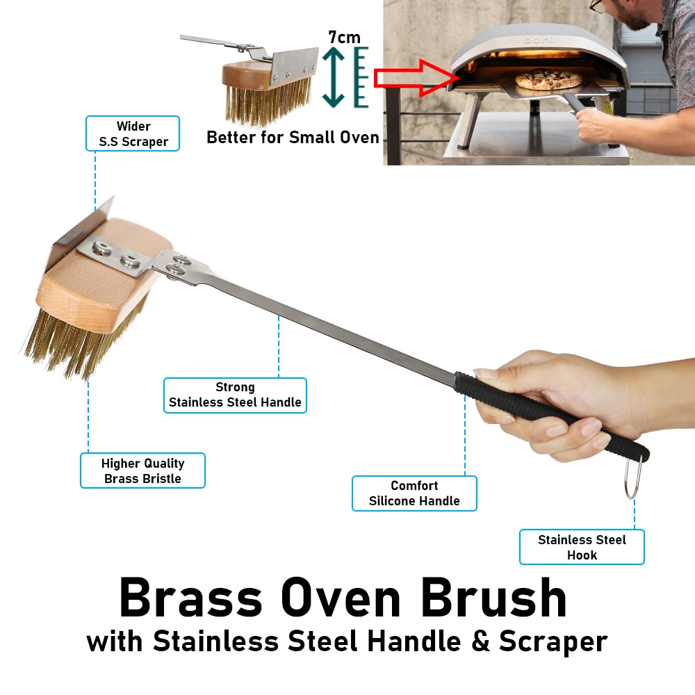 Brass Pizza Oven Copper Brush with Scraper Grill Brass Cleaning Brush with Stainless Steel Handle Oven Accessories Oven Cleaning Brush