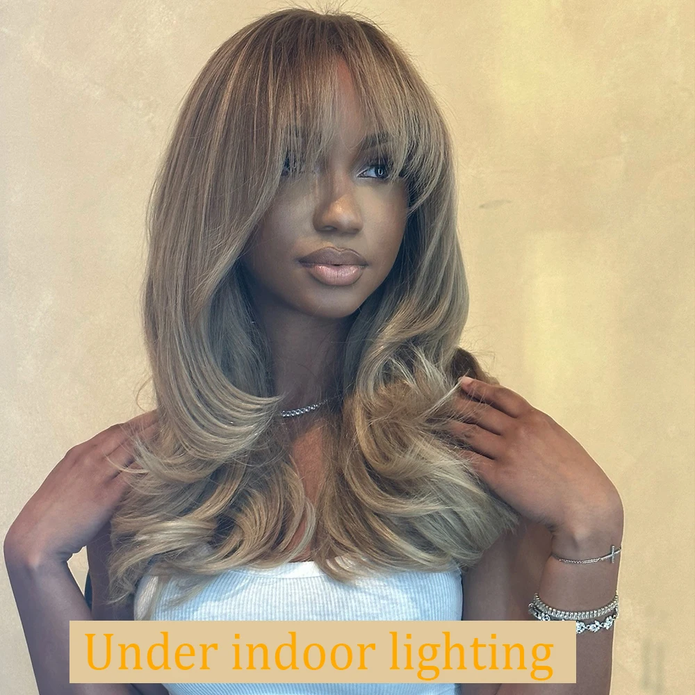 Honey Blonde Inspired Layered Colored Human Hair Wigs Pre-Cut Lace Wig 13x4 Lace Front Wig Put On And Go With Curtain Bangs