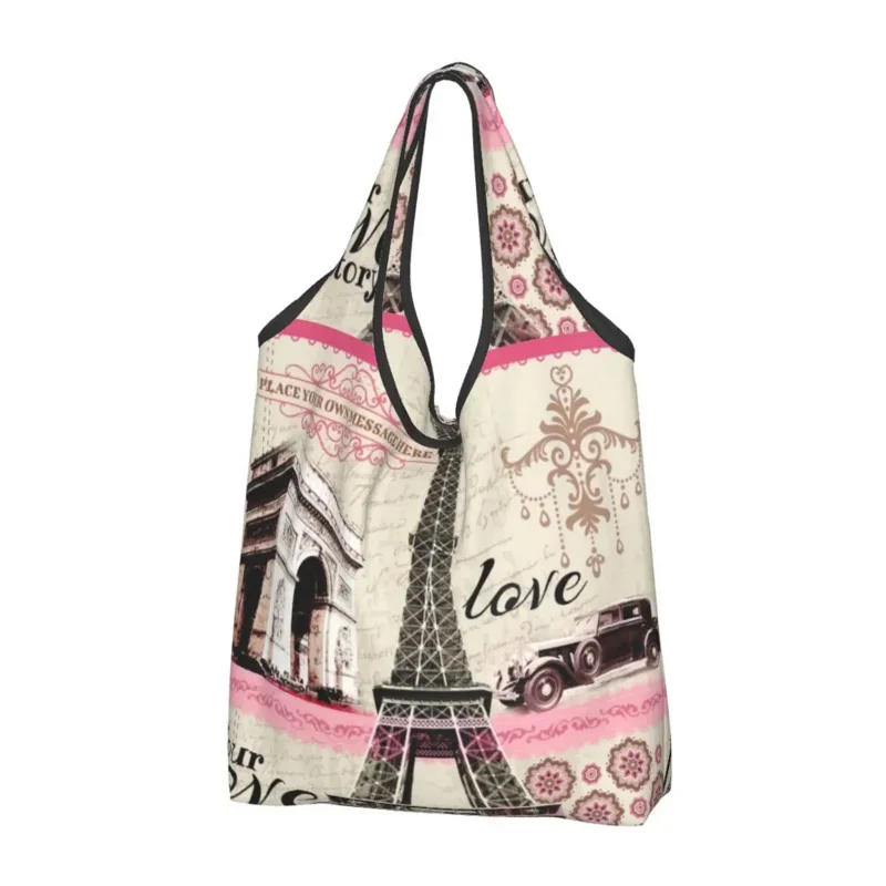 

Custom Vintage France Paris Eiffel Tower Shopping Bag Women Portable Big Capacity Groceries Flower Pink Shopper Tote Bags