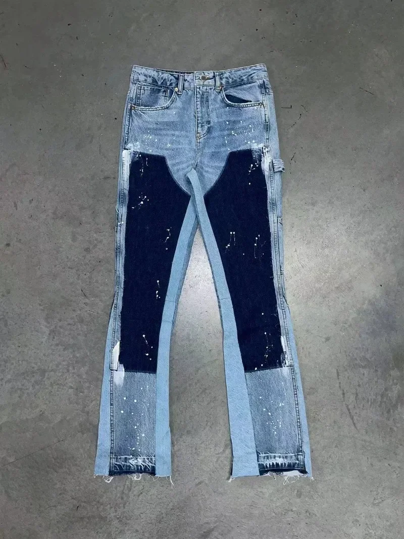 Men Jeans Harajuku High Street Goth Fashion furred edge micro flared skinny Y2k punk Rock retro stretch mop pants