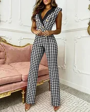 

Women Fashion Houndstooth Print Jumpsuit 2022 Summer Sexy Sleeveless High-waist Wide-leg Pants Casual Elegant Female Overalls