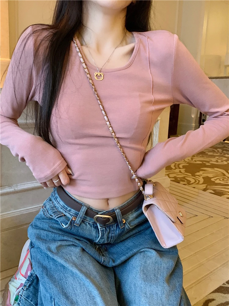 

Female Korean Harajuku Casual Solid Fit Long Sleeve T-shirt Women's T-shirts Tops Japanese Ladies Ulzzang Clothes For Women