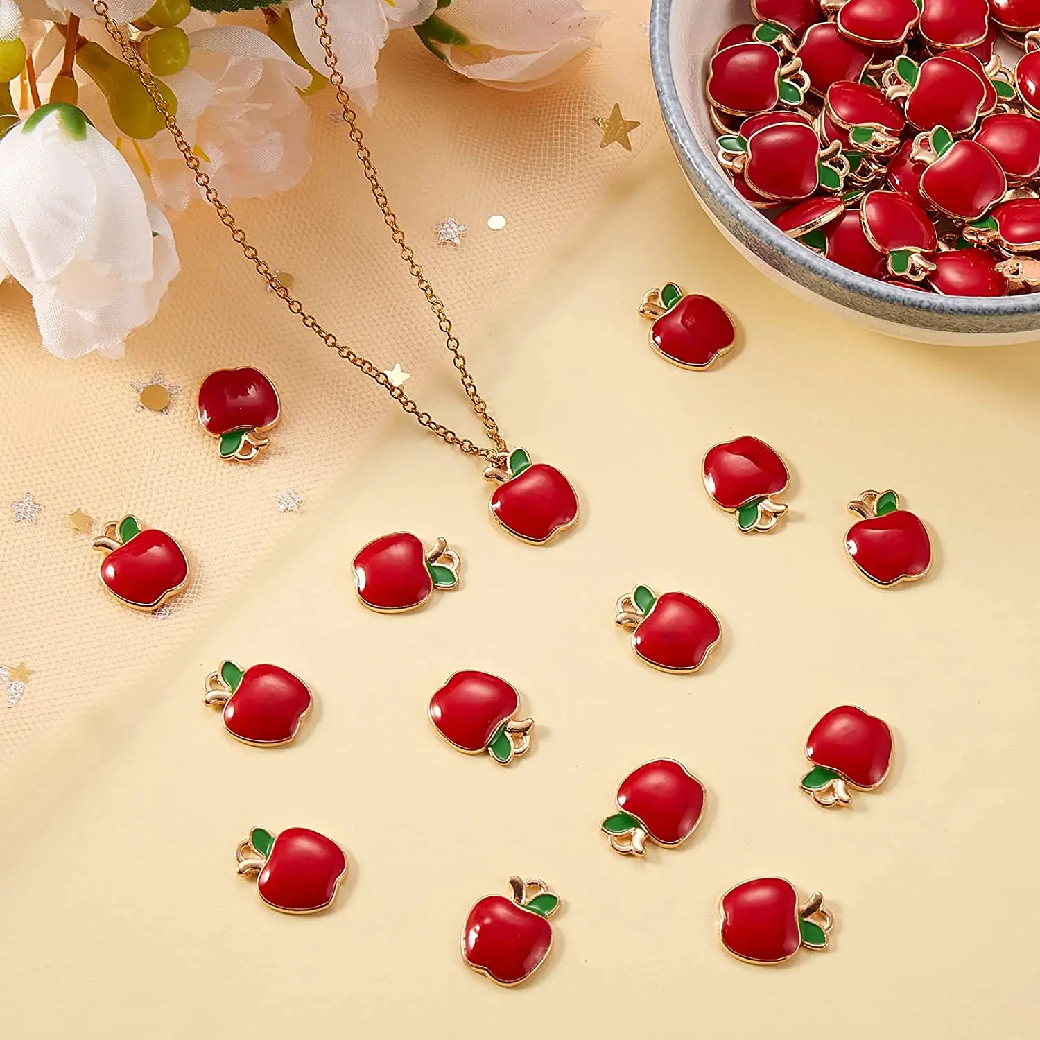 PandaHall 100pcs Enamel Red Apple Charms Gold Plated Apple Charms Mini Apple Fruit Dangle Charms for DIY Jewelry Craft Supplies