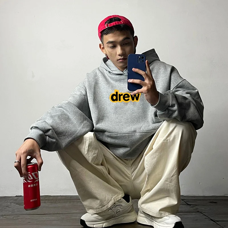 Hooded Sweater Men's Solid Color Pullover Letter Print Spring and Autumn American Retro Top Casual Loose Cotton Fashion Simple