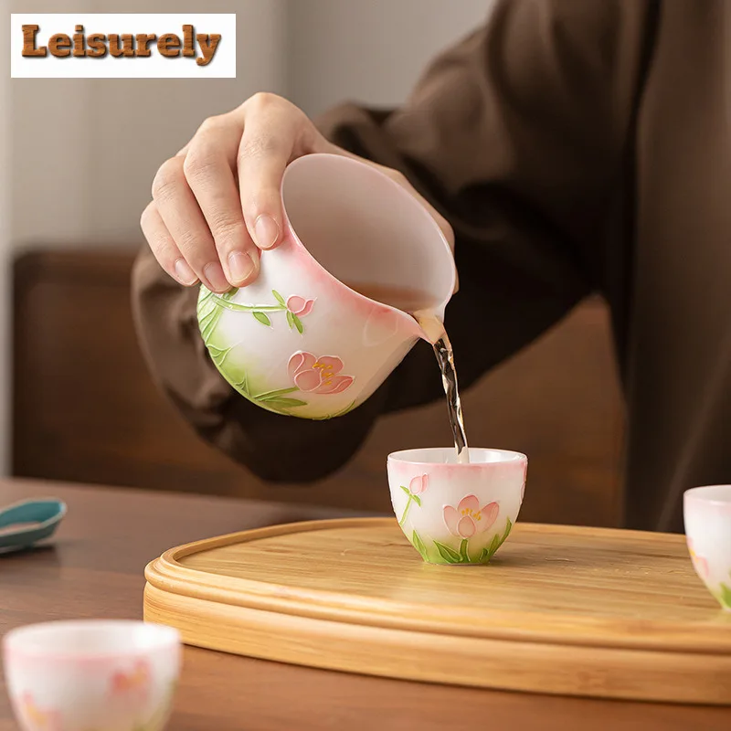 Ice Jade Porcelain Hand-painted Bamboo Lotus Travel Tea Set Kit Zen 1 Pot 3 Cups Tea Brewing Organizer Portable Picnic Handbag