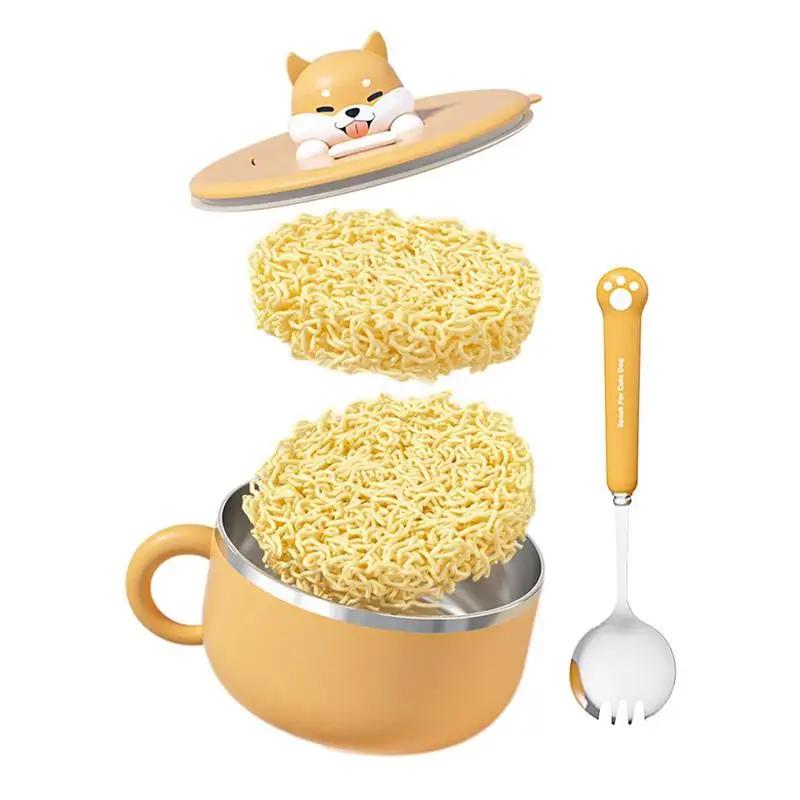 

Ramen Noodles Bowl Dustproof Large Capacity Cooker Cup with Forks Spoons Heat Resistant Stainless Steel Instant Cooking bowl