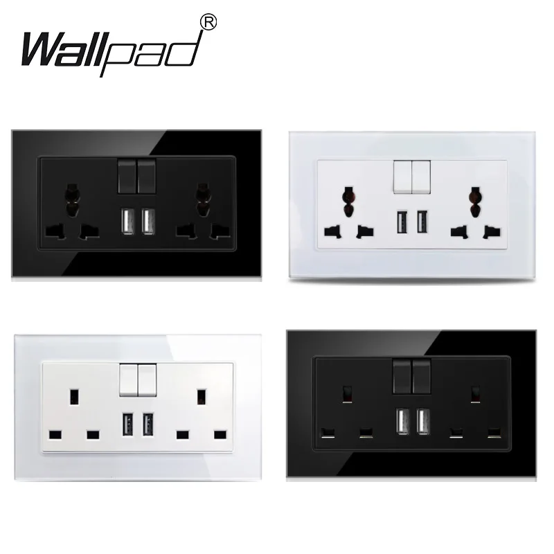 Reino Unido Universal Comutou o Soquete de Parede com Porta de Carregamento Usb Duplo Vidro 3*6 Britânico Árabe Saudita Tomada de Energia 2.1a 146*86 mm 13a