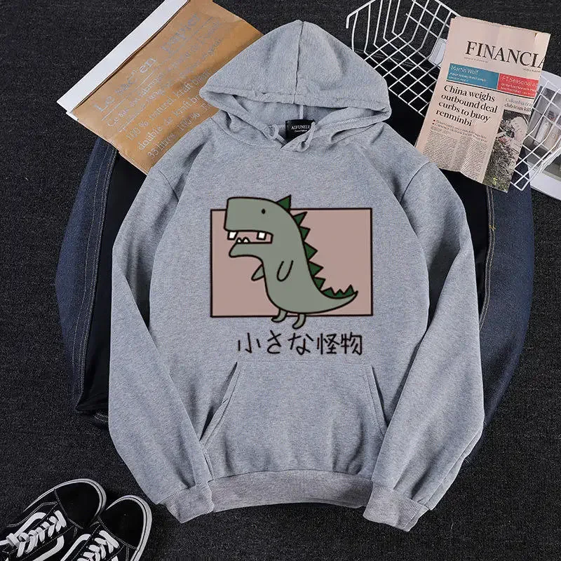 Fashion Dinosaur Printed Loose Thick Hoodies Women Plush Kangaroo Pocket Cartoon Sweatshirts Spring Autumn Warm Casual Pullovers