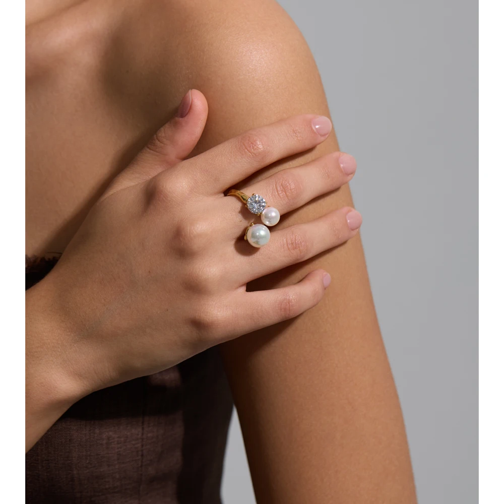 Yhpup Simulated Pearls Cubic Zirconia Ring Stainless Steel