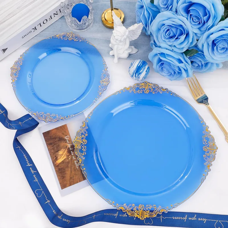 50pc Blue Plastic Plates Party Dinner Plates and Salad Dessert Combo Heavy Duty Plastic for Parties Wedding