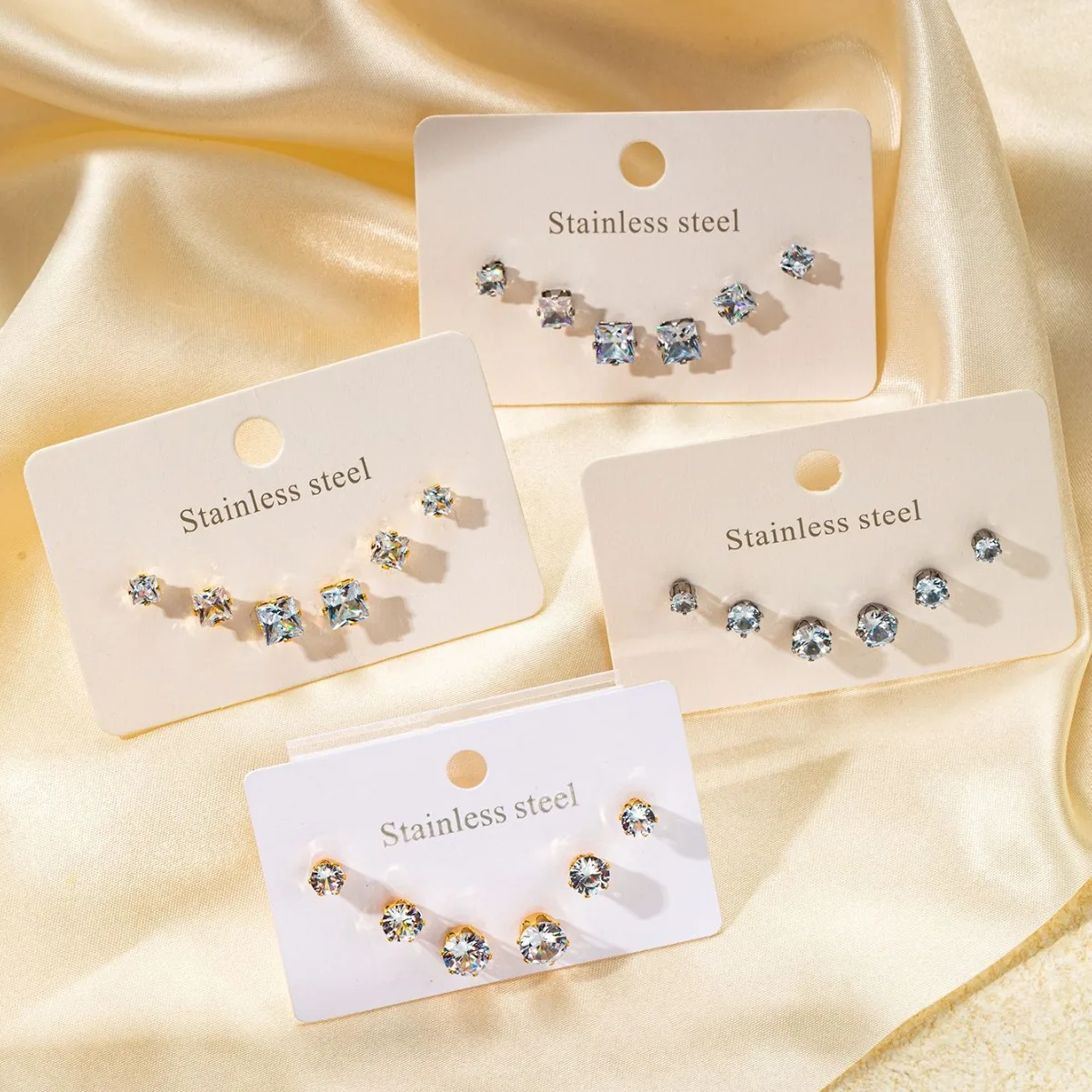 Classic 3 Pairs Square Round Cubic Zircon Stud Earrings Set Crystal Jewelry 1