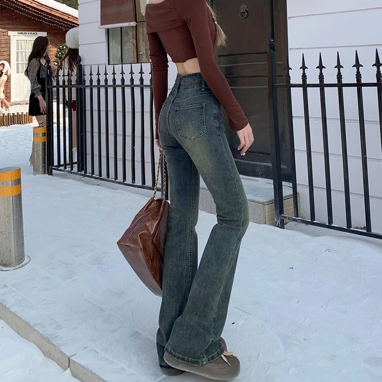 Cement gray micro flare jeans female spring new double-button high waist belly elastic tight thin horseshoe pants