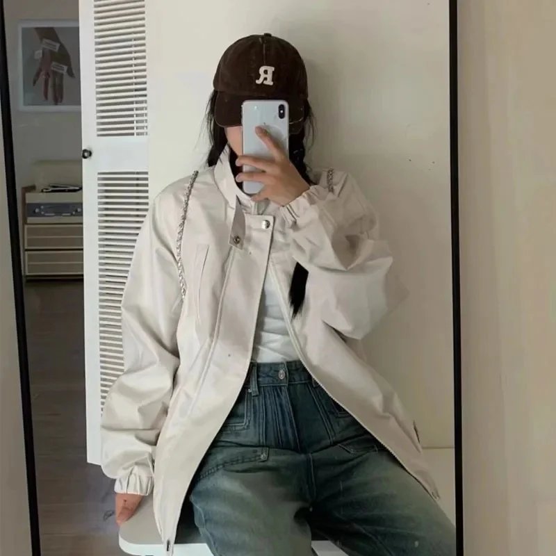 2023 New Fashion Loose Network Red Spring Autumn Japanese Retro Buckle Motorcycle PU Leather Jacket Coat Loose Couple Top Trend