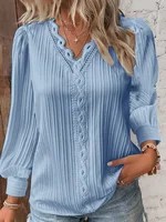 Women's White Blouses Lace Stitching V-neck Simple Chiffon Shirt Fall Long Sleeve Pullover Loose Top Elegant Street Blous Women - Image 3
