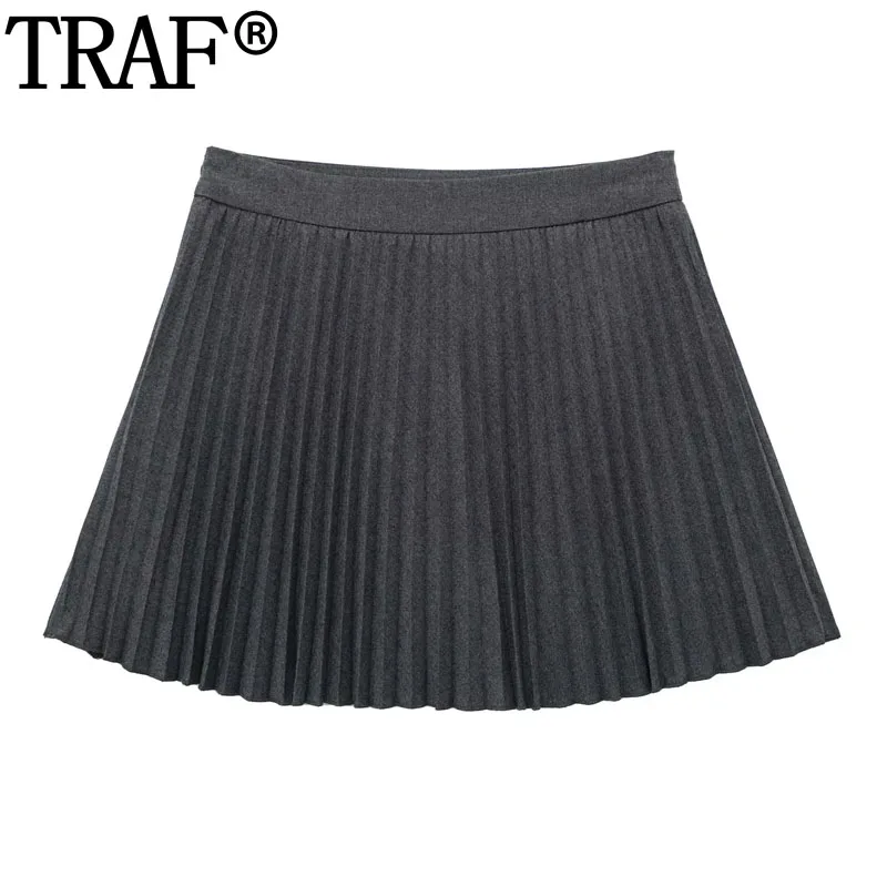 

TRAF 2024 Women's Skort Pleated Skort For Women High Waist Grey Mini Skirt Pants Woman Fashion Autumn Winter Short Skirts