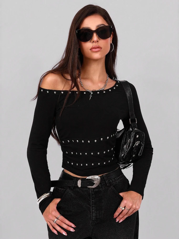 Spring and Autumn Women's Irregular Slanted Shoulder Collar Black Long-sleeved T-shirt Street Style Rivet Slim-fitting Sexy Top