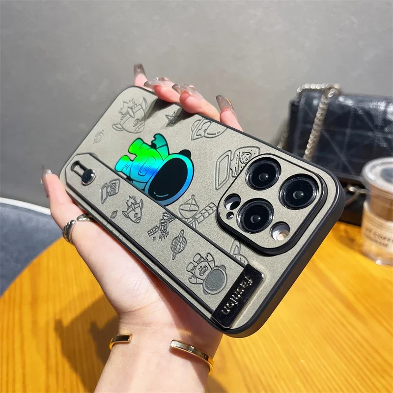 Étui en cuir avec support de dragonne d'astronaute Laser, pour IPhone 15 14 13 12 Pro Max Plus 11 15Pro 14Pro IPhone15 I15_voghion.com