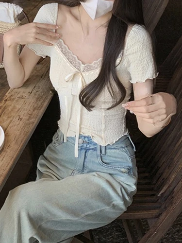 여성용 캐주얼 반팔 블라우스, Y2k 크롭탑, 오피스 레이디 바디콘, 귀여운 셔츠, 한국 패션, 순색, 카와이, 2023 여름 3