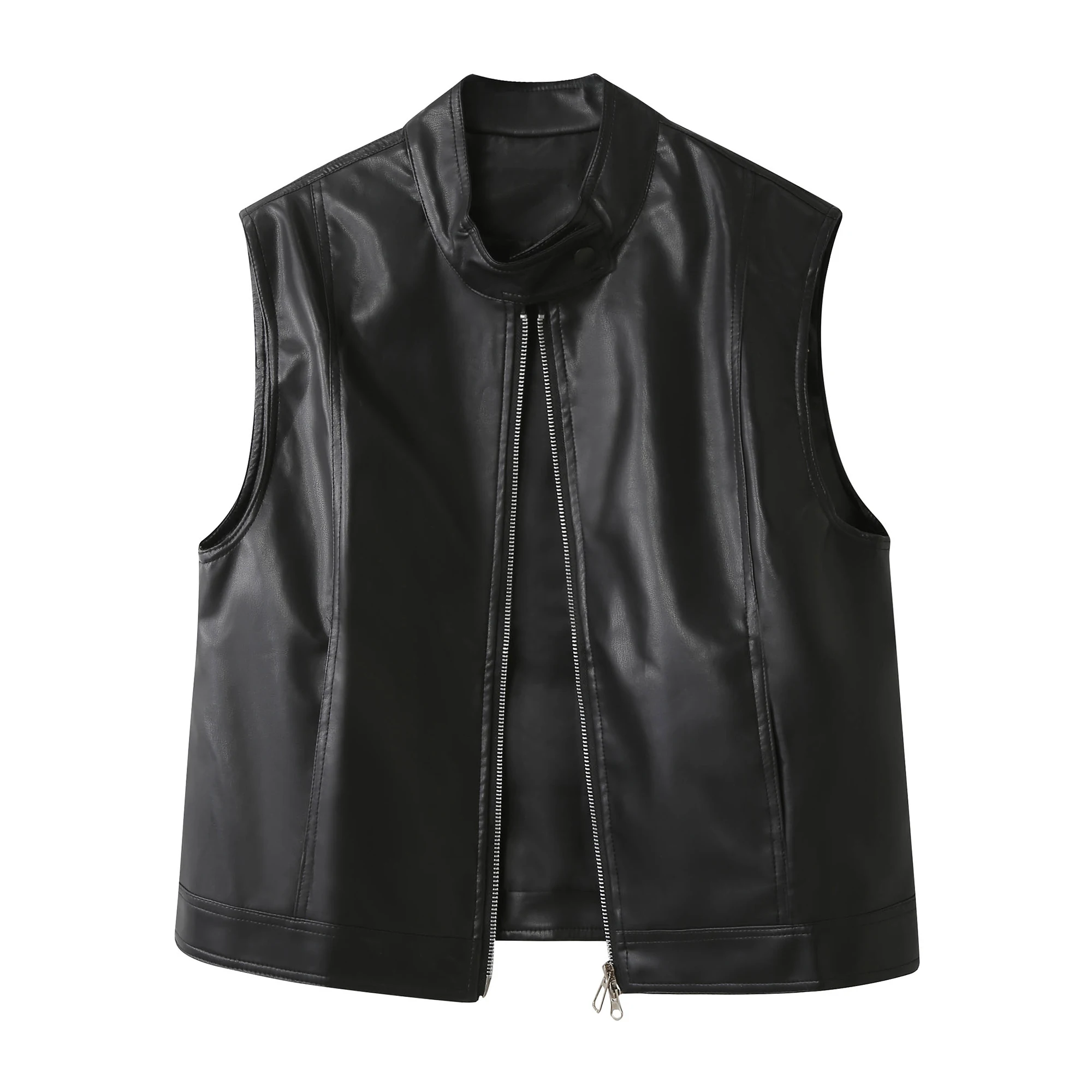 멋진 가죽 자켓 여성용 민소매 조끼 아우터 봄 가을 다용도 오토바이 스타일 지퍼 루즈핏 PU 가죽