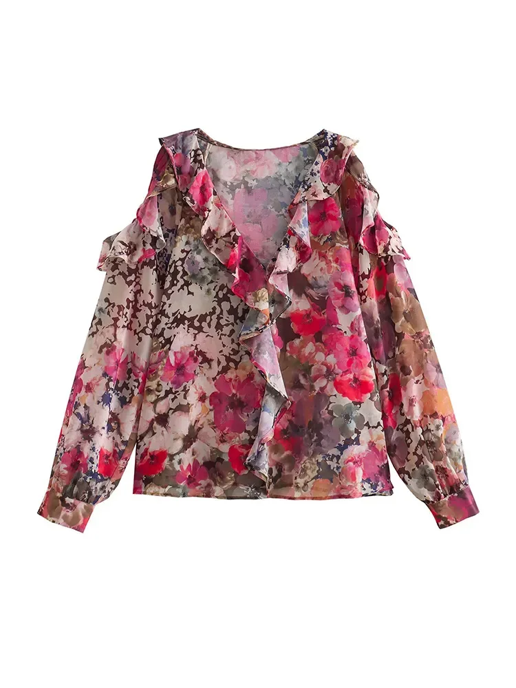 

HH TRAF Autumn Woman Floral Printed Chiffon Blouse Female Fashion Cut Out Ruffle Tops For Women Semi Blouses Long Sleeve Top