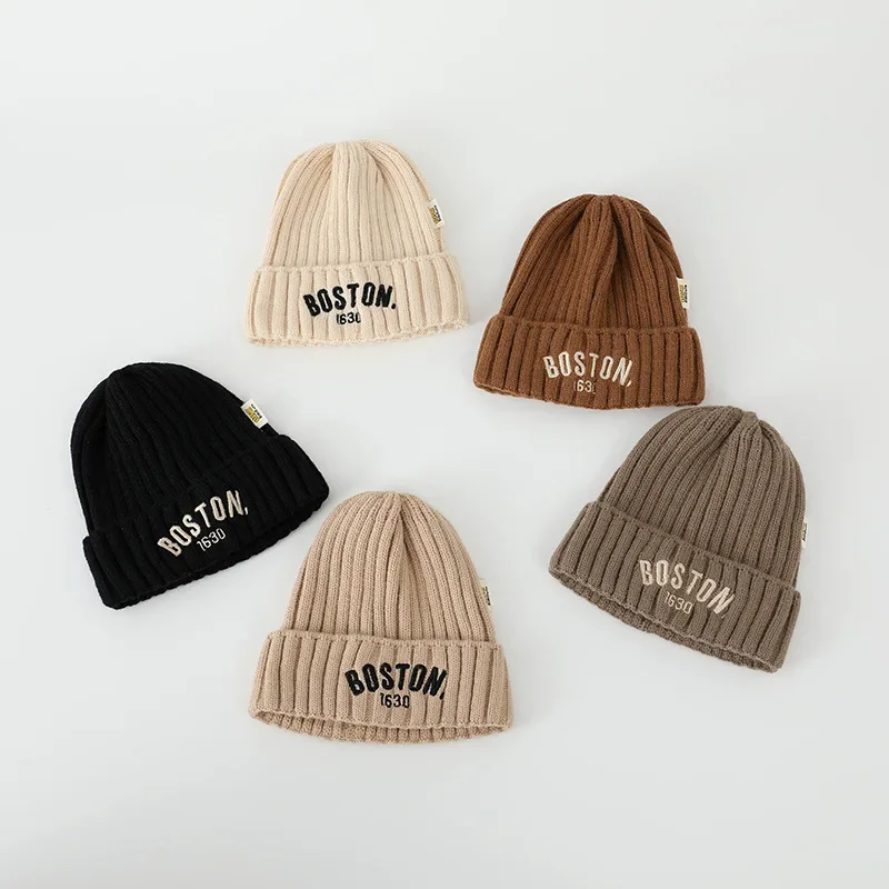 Autumn Winter Baby Embroidery Letter Knitting Caps Kid Boy Solid Warm Beanies Girl Children Fashion Casual Hat Infant Soft Caps knit hat baby hat