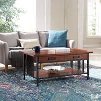 11204 Ironcraft Two Drawer Rustic Coffee Table with Shelf, Mission Oak and Black 2