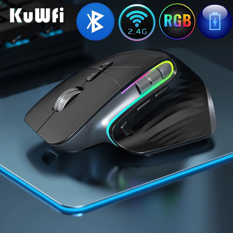 KuWFi перезаряжаемая беспроводная мышь Бесшумная игровая 2 4G & Bluetooth Mause