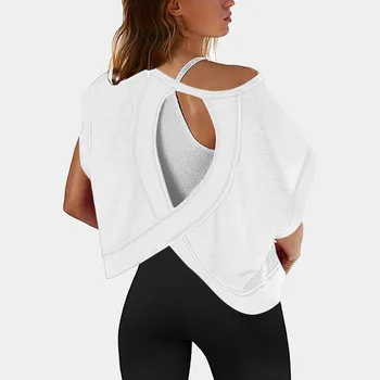 Mmoneyake Women's Open Back Crop Top - Backless Workout Shirt Loose Fit