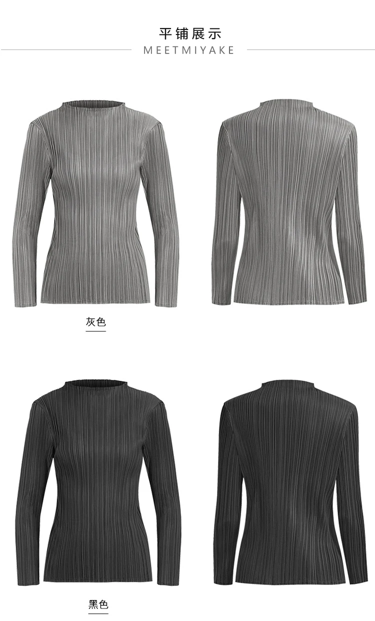 Miyake Pleated Half-high Neck Long-sleeved Women's T-shirt Slim Inner Head Set Classic Solid Bottoming Shirt Top 2025 Autumn New