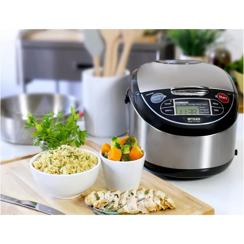 10-Cup (Uncooked) Micom Rice Cooker with Food Steamer & Slow Cooker, Stainless Steel Black