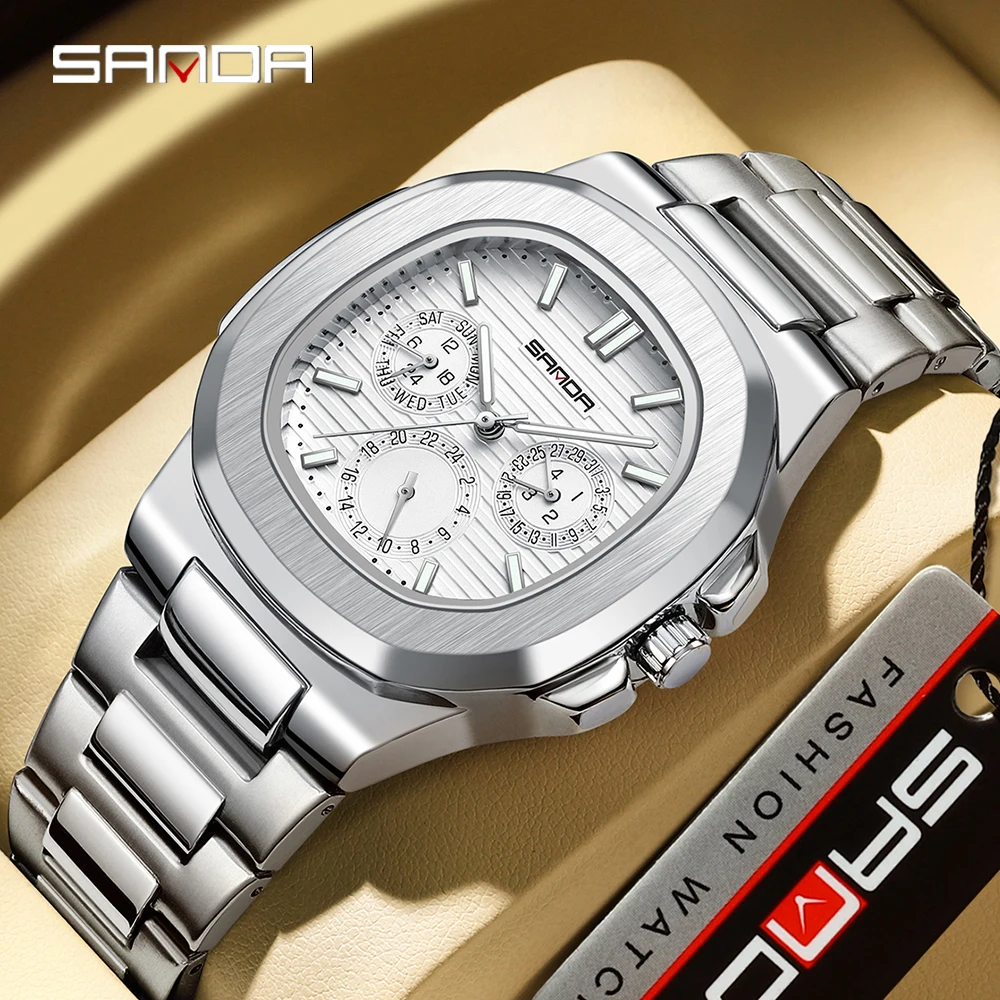 SANDA 7053 Luxury Watch Business Waterproof Male Clock Luminous Date Stainless Steel Square Quartz Men Wristwatches Reloj Hombre