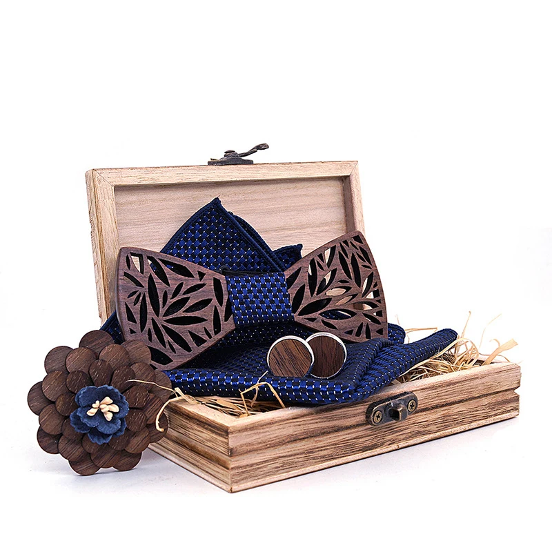 

Sitonjwly Fashion Hollow Carved Butterfly Bowtie Handkerchief Cufflinks Brooch Set Wooden Bow Ties Wedding Corbatas Corsage Set