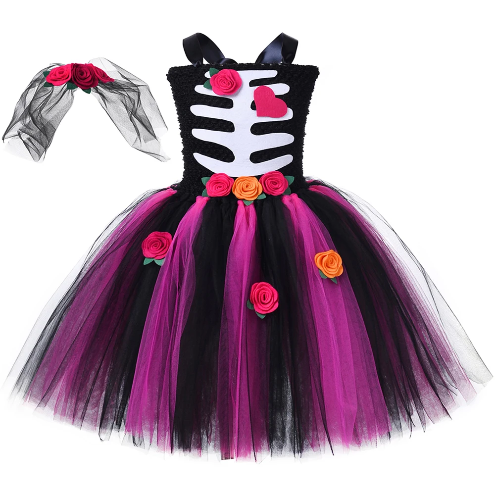

Zombie Bride Tutu Dress Girls Halloween Scary Skeleton Fancy Dress for Kids Vampire Ghost Tutu Outfit Children Horrific Clothes