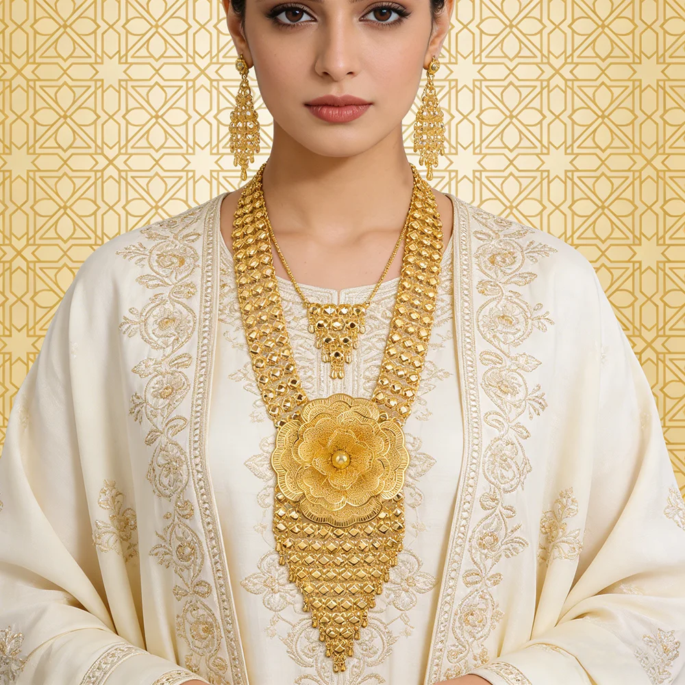 24K Gold Color Long Chain Necklace Earrings Set New Indian Nigerian Bridal Wedding Ethiopian Luxury Party Jewelry Wholesale Gift - 4
