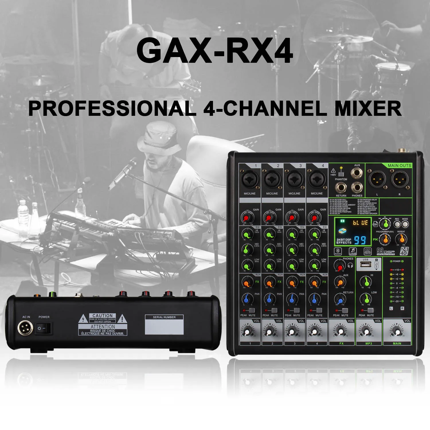 GAX-RX4 소형 휴대용 4 채널 사운드 믹서, USB Bt, 리버브 효과, 성능 믹서