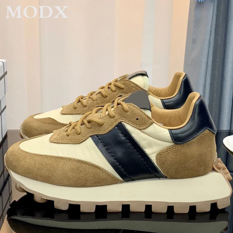

Thick Sole Mixed Color Retro Genuine Leather Sneakers Women Lace-up Casual Breathable Soft All-match Patchwork Running Shoes Men