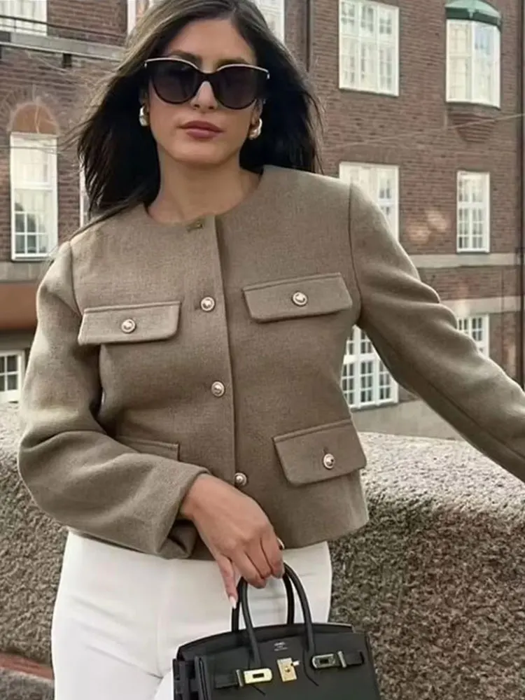 HH Women Elegant Cropped Jacket 2025 Women's Fashion Jacket O-Neck Long Sleeved Flip Pocket Coat Female Casual Outwear Tops