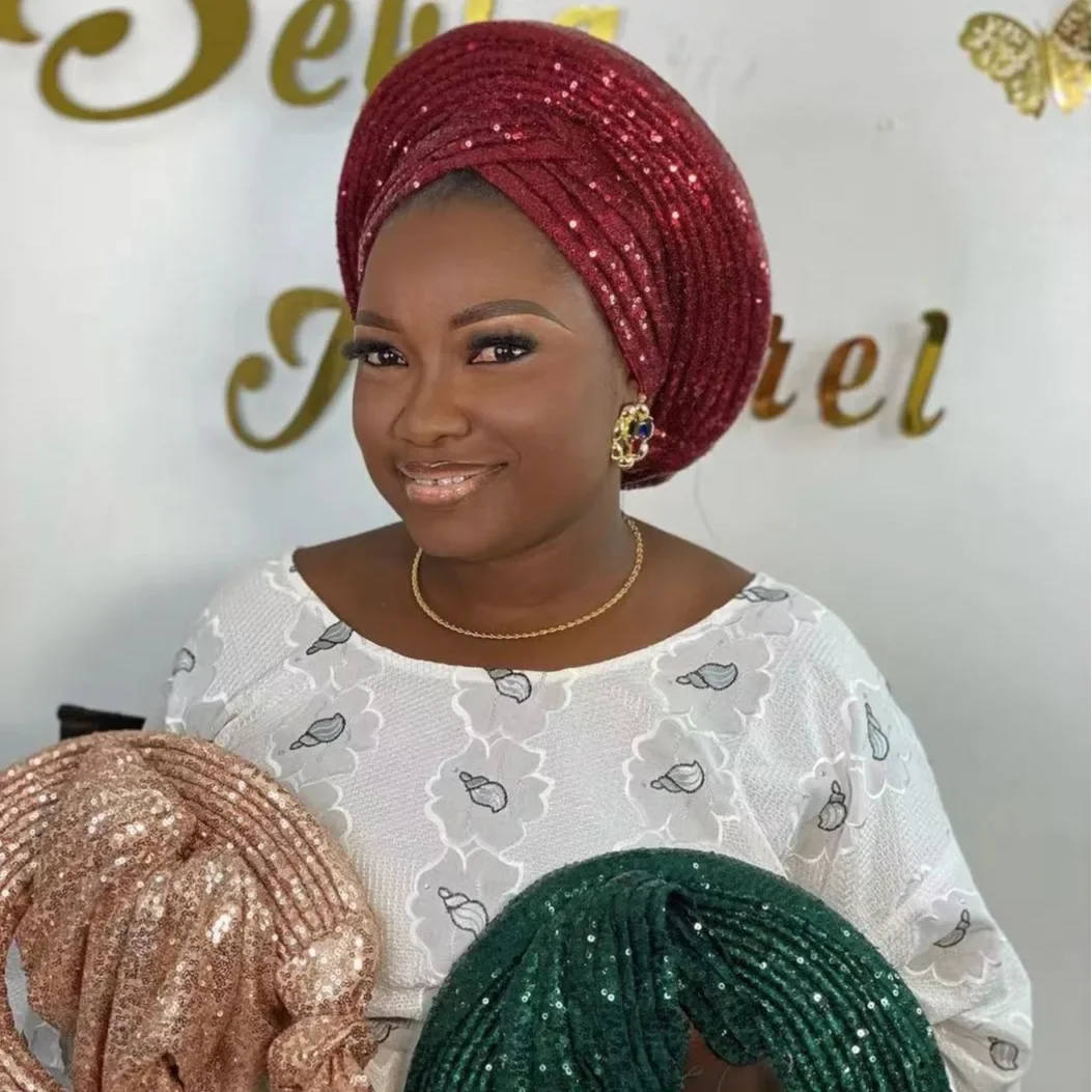 African Head Wraps Sequins Turban Cap Gele Headtie Head Wrap Hijab Headpiece for Women
