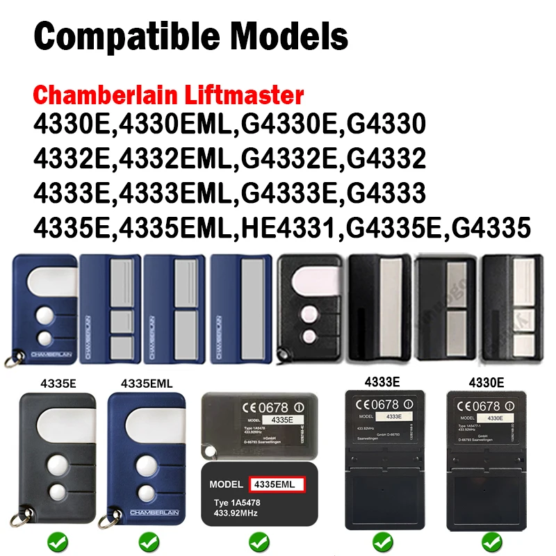 For LiftMaster CHAMBERLAIN 4333E 4330E 4332E 4335E 4332EML 4330EML 4333EML 4335EML 433.92MHz Remote Control Garage Door Opener 2