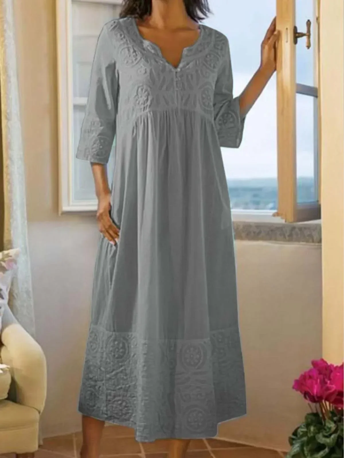 thumbnail image 1 of Vestido recto de talla grande para mujer, de media manga, plisado, informal, con escote en V, estilo bohemio, de lino, para playa, para verano, 2024, 1 of 5
