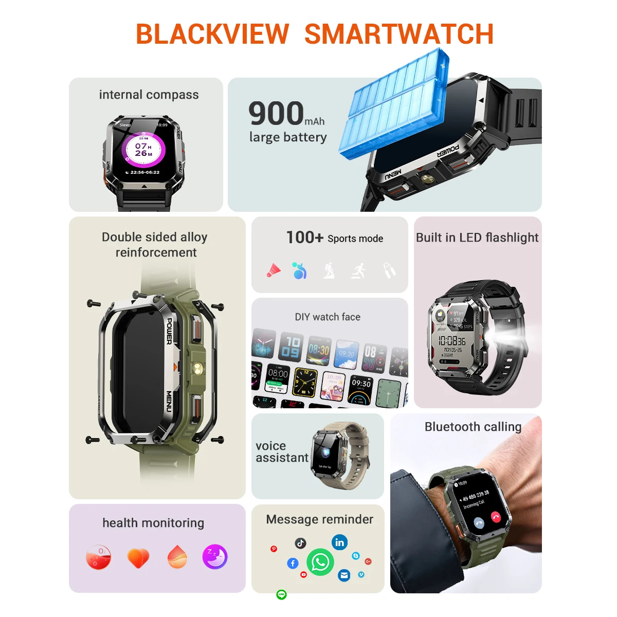 Blackview 2025 New  Waterproof Rugged Smart Watch W70 Pro 900mAh Rugged Smart Watch for Outdoor With Emergency Lighting, Compass 2