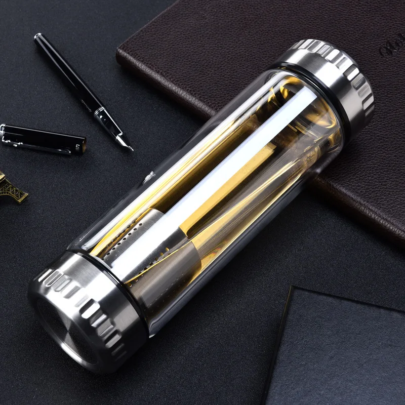 300/400/600ML Glass Water Bottle Stainless Steel Tea Infuser Filter Double Wall Lid Thick Bottom Drinking Office Home Cup Gift