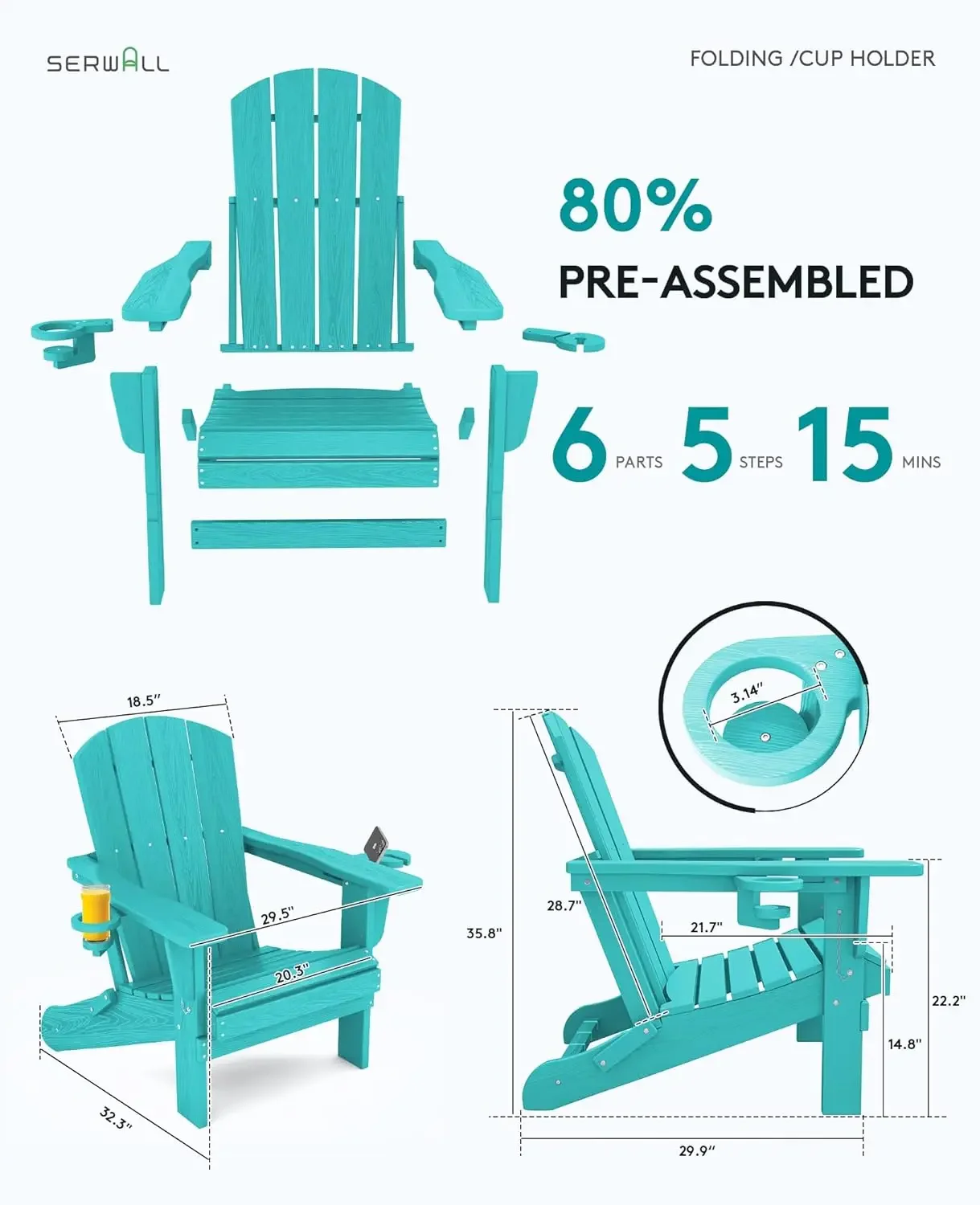 Adirondack Chair with Cup Holders - Composite Adirondack Chairs Set of 2 HDPE Outdoor Chairs All Weather Use- Aruba