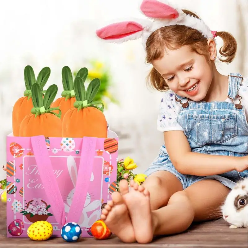Easter Fabric Carrot Shaped Bag 10X Easter Goody Candy Drawstring Bags Easter Basket Stuffers Rabbit Ear Velvet Bags For Spring 6