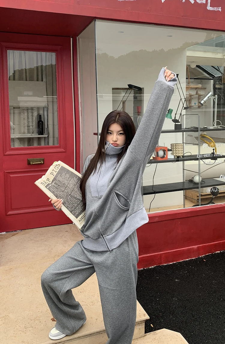 Y2K Casual Two-piece Set Solid Tracksuit Stand Collar Long Sleeve Zip-up Sweatshirt Long Pants Korean Fashion Autumn New Outfits